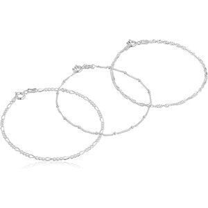 Sterling Silver 3-Piece Chain Bracelet Set, Figaro, Bead, Singapore, 7-Inch